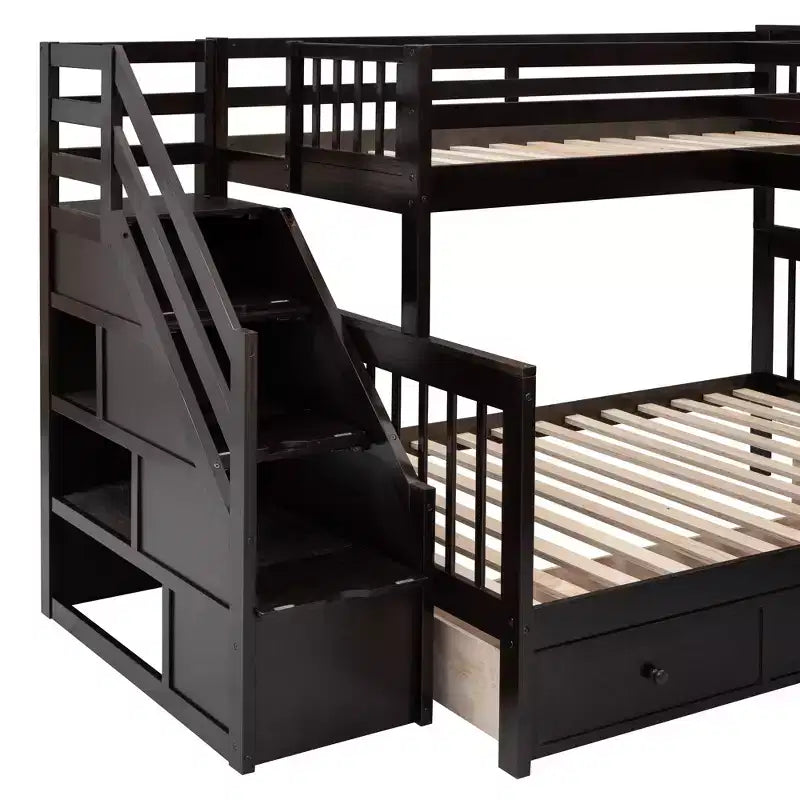 Lit superposé en L double au-dessus de complet avec armoire, escalier en bois massif et bureau portable
