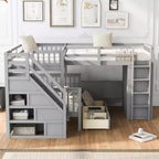 Lit superposé en L double au-dessus de complet avec armoire, escalier en bois massif et bureau portable