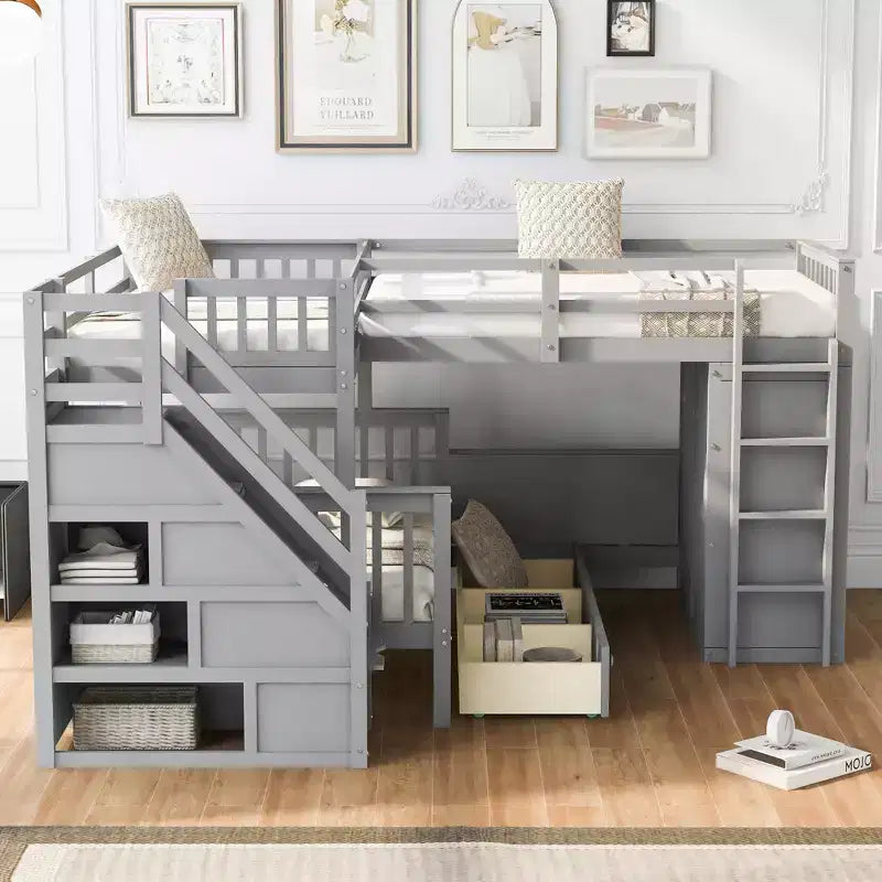 Lit superposé en L double au-dessus de complet avec armoire, escalier en bois massif et bureau portable