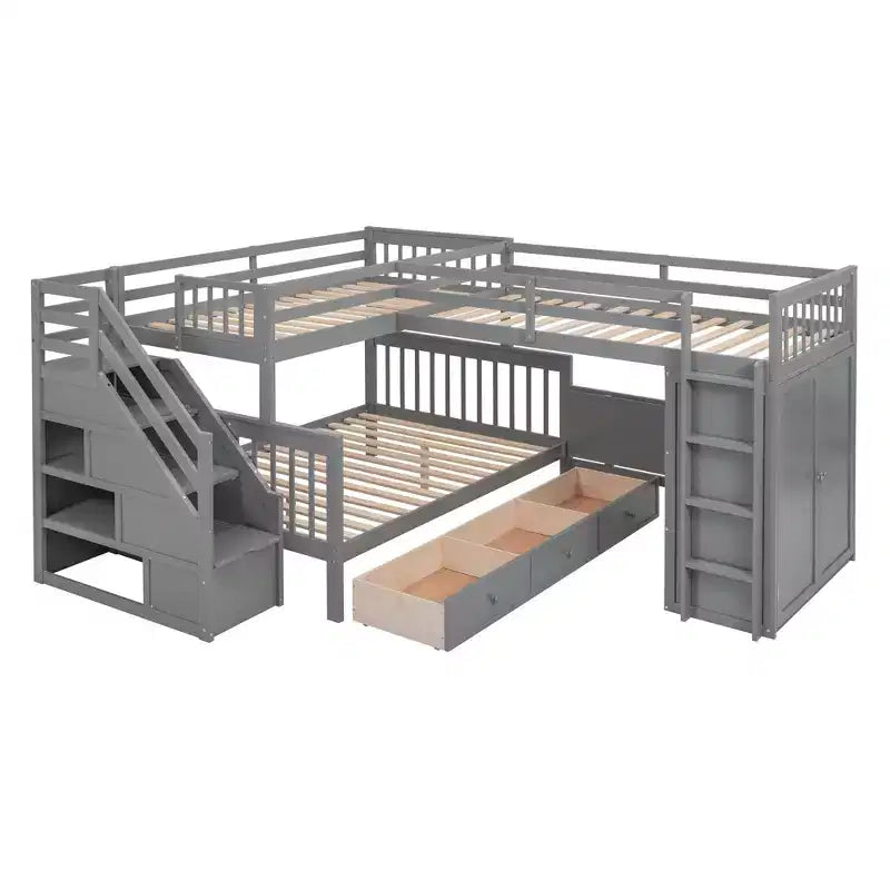 Lit superposé en L double au-dessus de complet avec armoire, escalier en bois massif et bureau portable