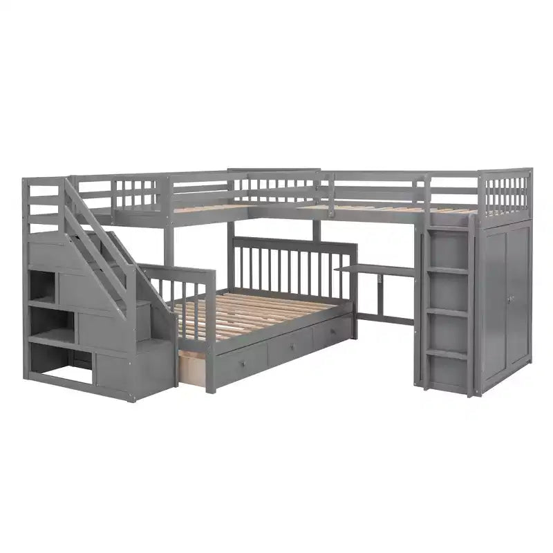 Lit superposé en L double au-dessus de complet avec armoire, escalier en bois massif et bureau portable