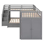 Lit superposé en L double au-dessus de complet avec armoire, escalier en bois massif et bureau portable