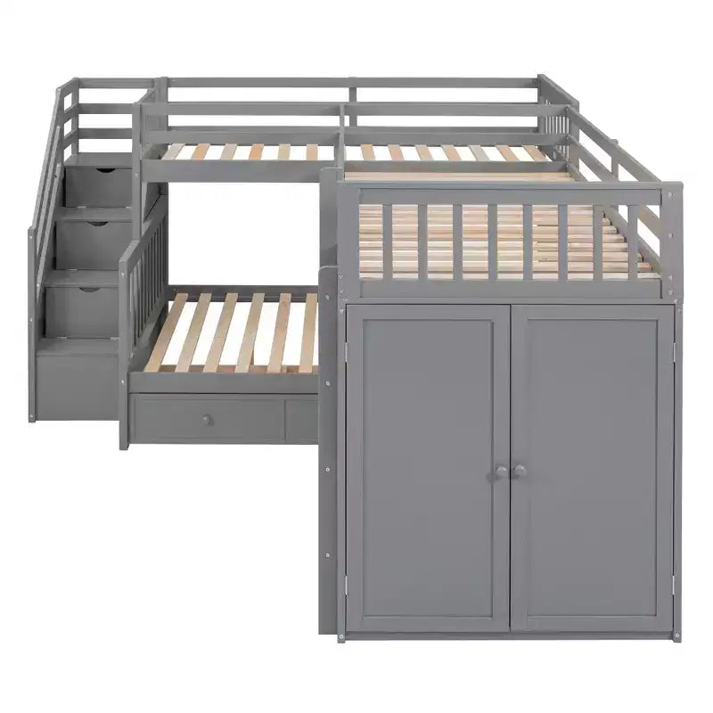 Lit superposé en L double au-dessus de complet avec armoire, escalier en bois massif et bureau portable