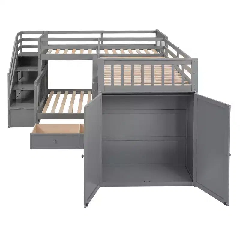 Lit superposé en L double au-dessus de complet avec armoire, escalier en bois massif et bureau portable