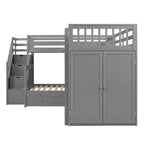 Lit superposé en L double au-dessus de complet avec armoire, escalier en bois massif et bureau portable
