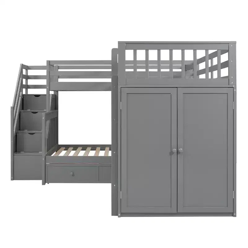 Lit superposé en L double au-dessus de complet avec armoire, escalier en bois massif et bureau portable
