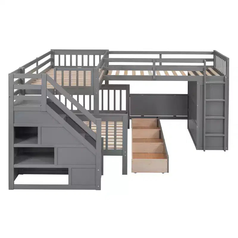Lit superposé en L double au-dessus de complet avec armoire, escalier en bois massif et bureau portable