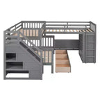 Lit superposé en L double au-dessus de complet avec armoire, escalier en bois massif et bureau portable