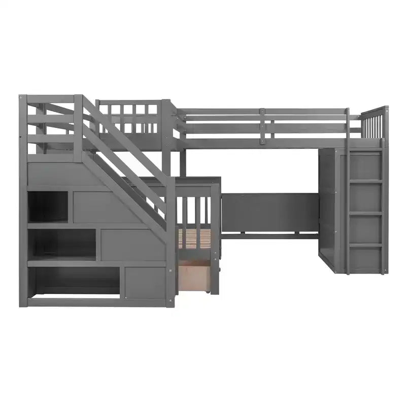 Lit superposé en L double au-dessus de complet avec armoire, escalier en bois massif et bureau portable