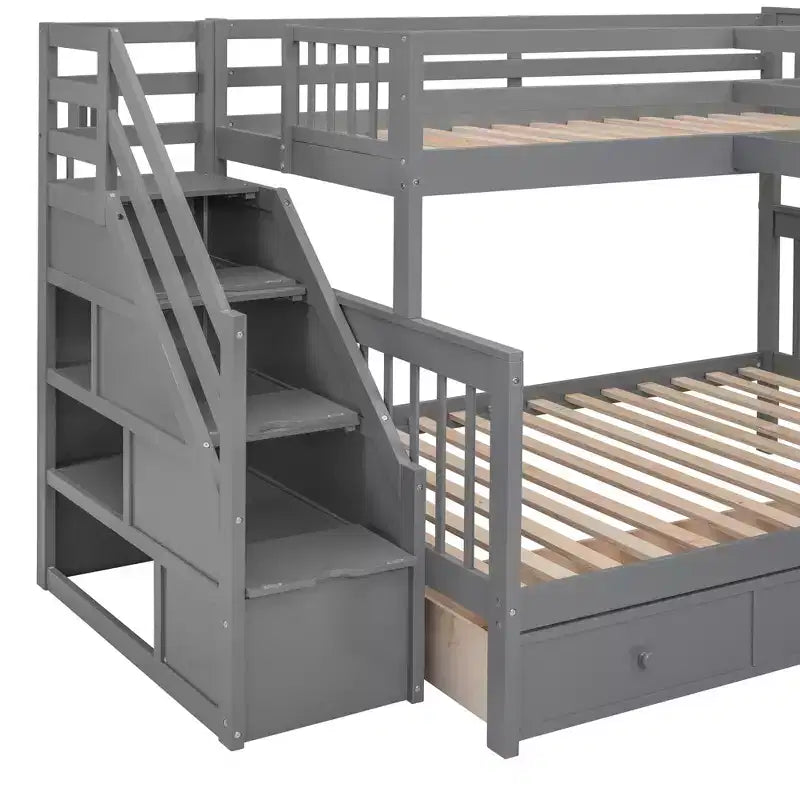 Lit superposé en L double au-dessus de complet avec armoire, escalier en bois massif et bureau portable