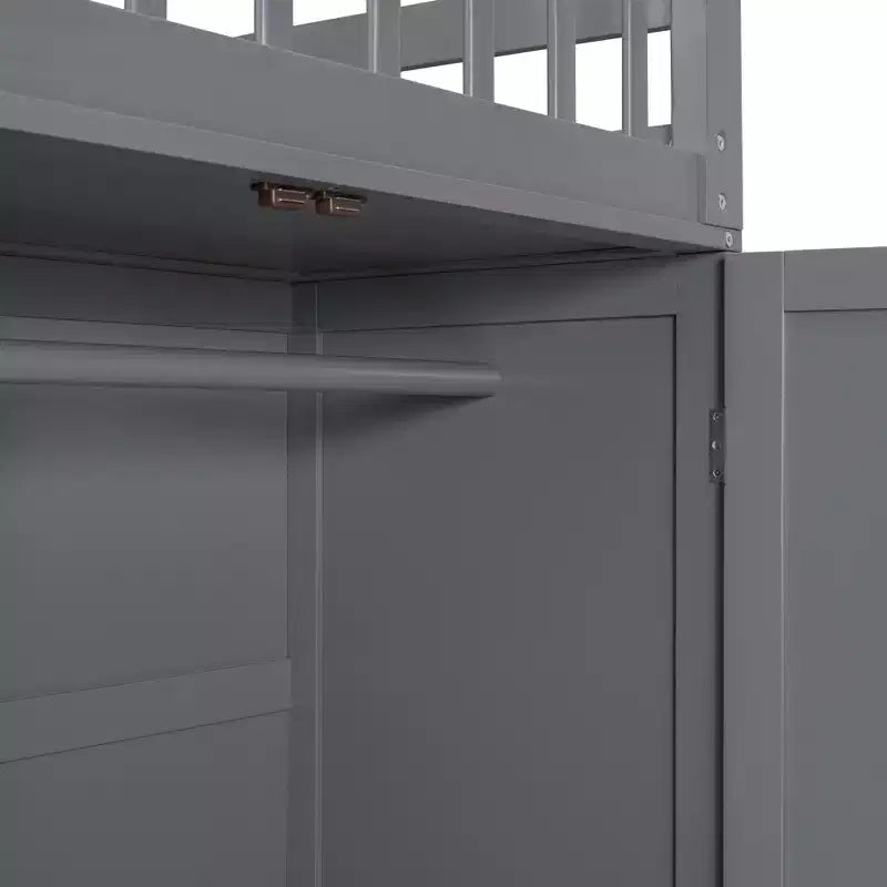Lit superposé en L double au-dessus de complet avec armoire, escalier en bois massif et bureau portable