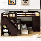 Lit superposé en L double au-dessus de complet avec armoire, escalier en bois massif et bureau portable