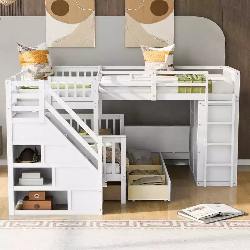 Lit superposé en L double au-dessus de complet avec armoire, escalier en bois massif et bureau portable