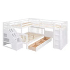Lit superposé en L double au-dessus de complet avec armoire, escalier en bois massif et bureau portable