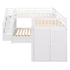 Lit superposé en L double au-dessus de complet avec armoire, escalier en bois massif et bureau portable