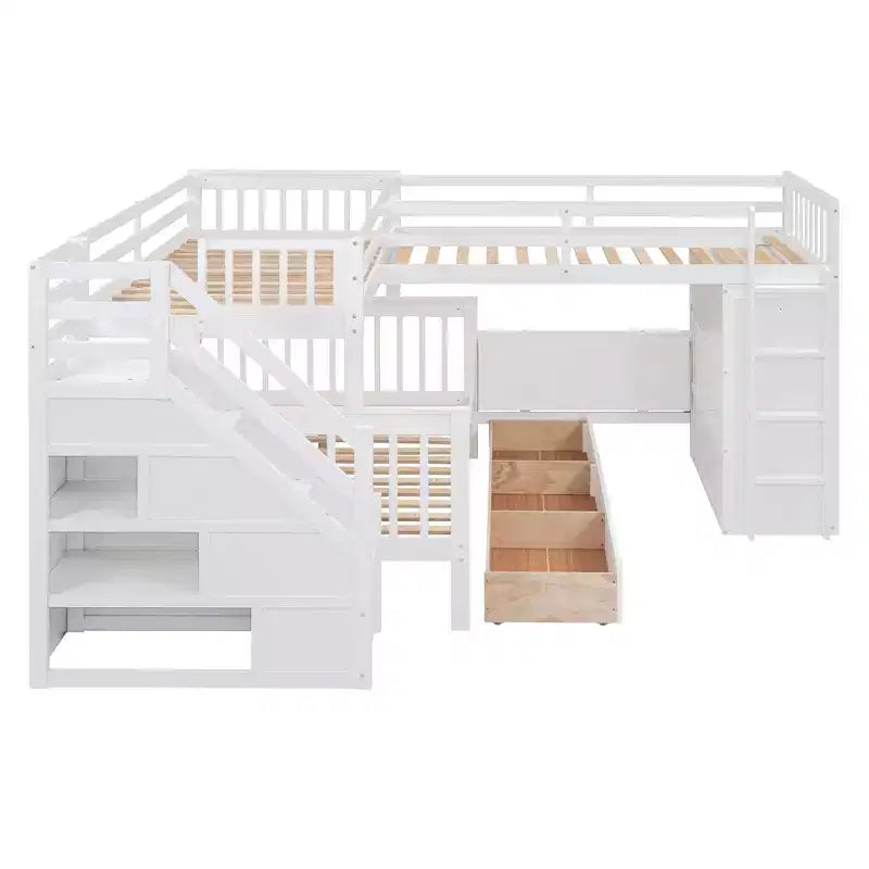Lit superposé en L double au-dessus de complet avec armoire, escalier en bois massif et bureau portable