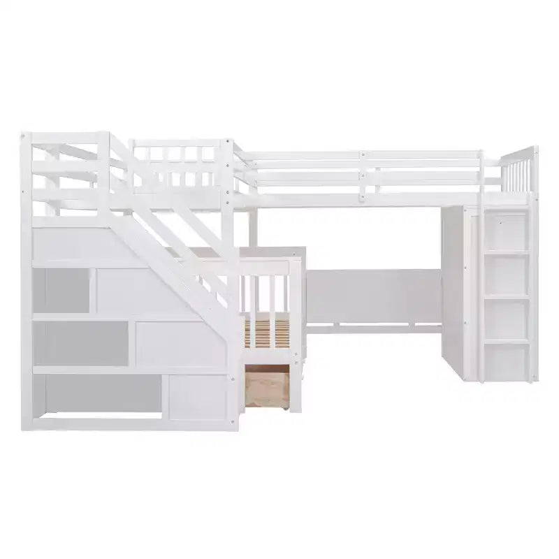 Lit superposé en L double au-dessus de complet avec armoire, escalier en bois massif et bureau portable