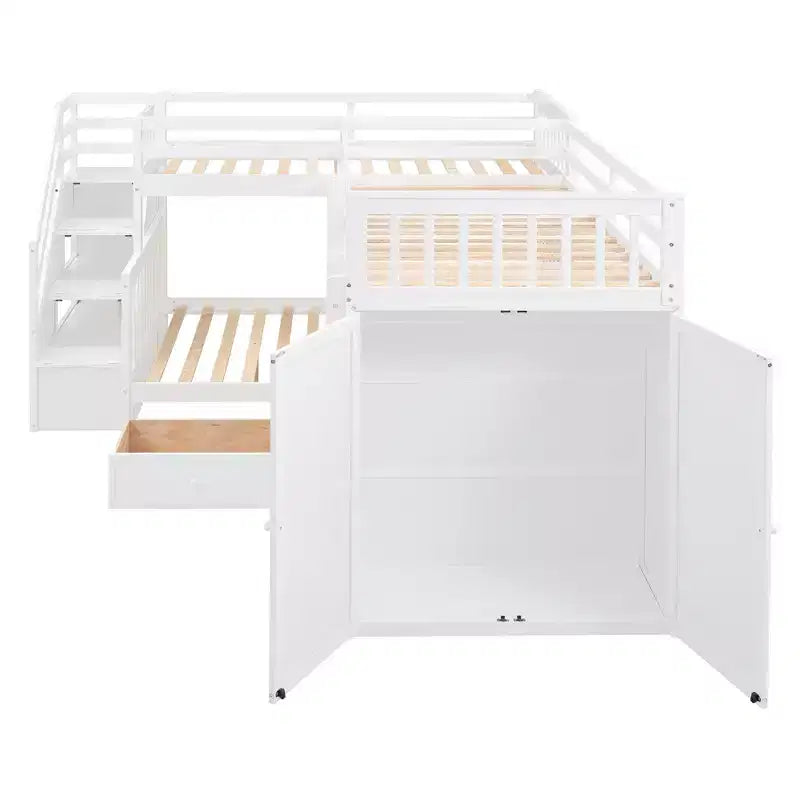 Lit superposé en L double au-dessus de complet avec armoire, escalier en bois massif et bureau portable
