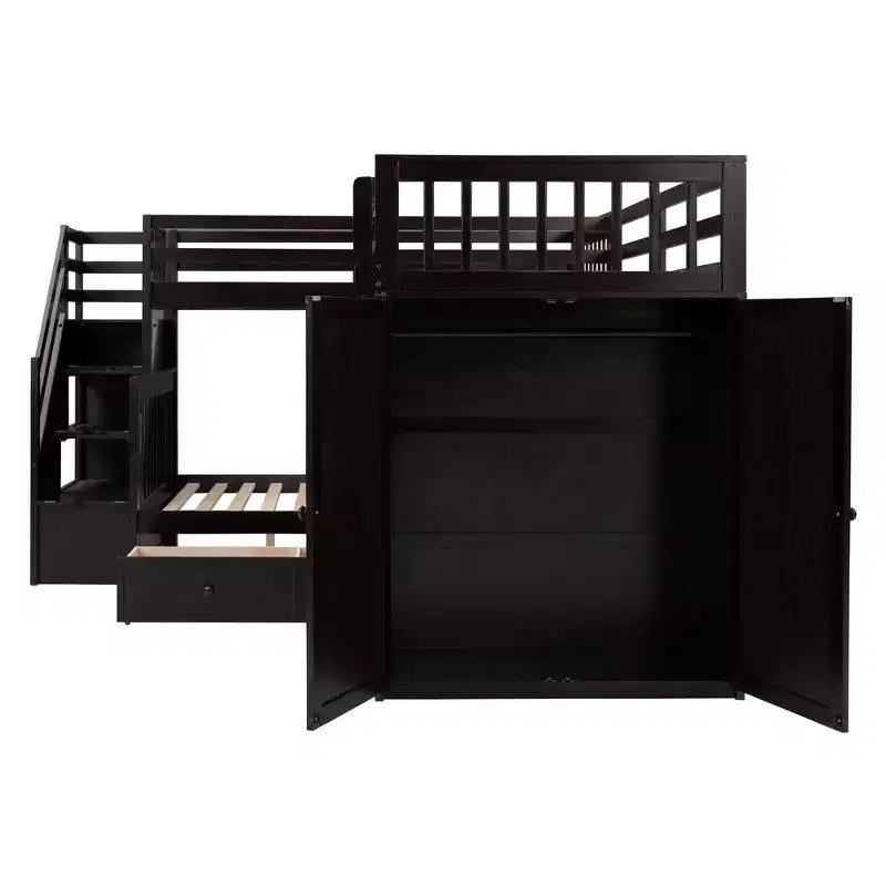 Lit superposé en L double au-dessus de complet avec armoire, escalier en bois massif et bureau portable