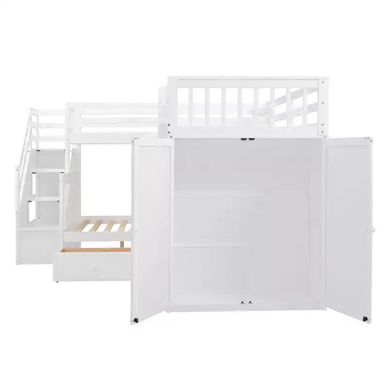 Lit superposé en L double au-dessus de complet avec armoire, escalier en bois massif et bureau portable