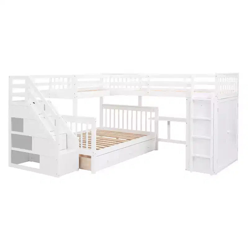 Lit superposé en L double au-dessus de complet avec armoire, escalier en bois massif et bureau portable