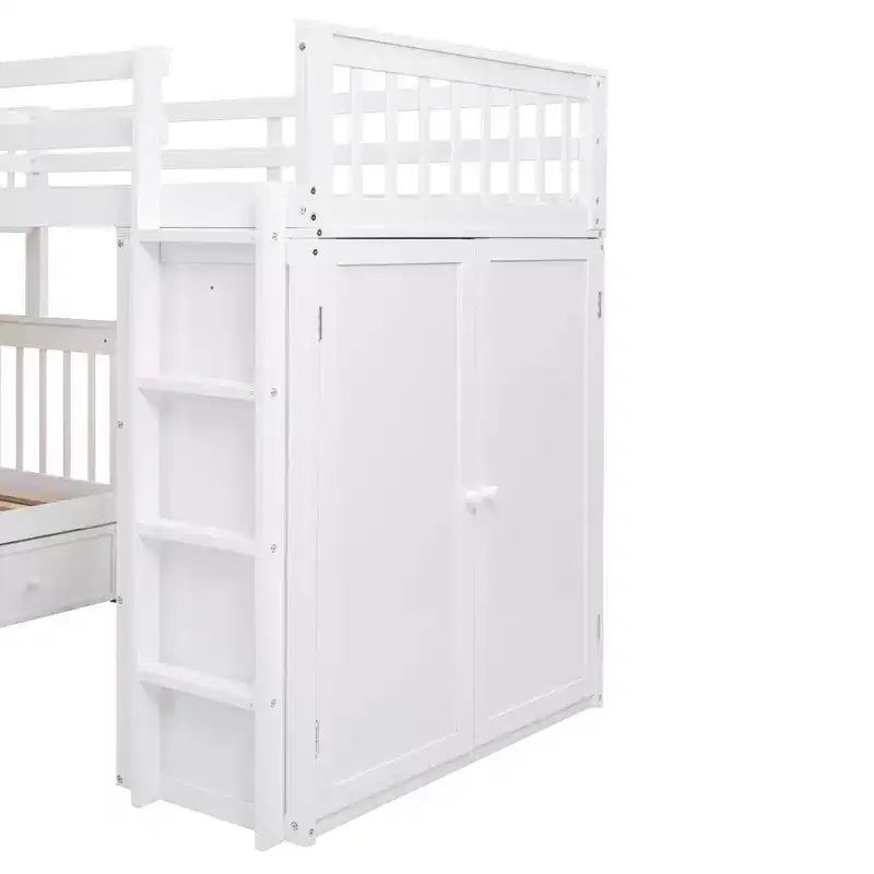 Lit superposé en L double au-dessus de complet avec armoire, escalier en bois massif et bureau portable