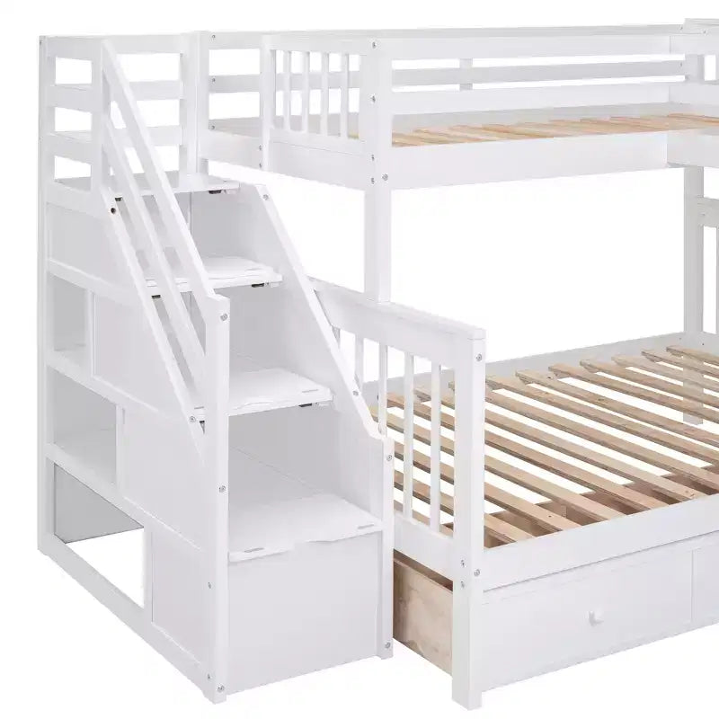 Lit superposé en L double au-dessus de complet avec armoire, escalier en bois massif et bureau portable