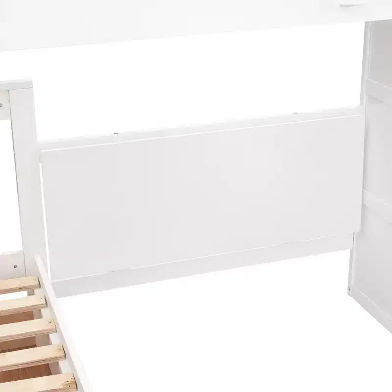 Lit superposé en L double au-dessus de complet avec armoire, escalier en bois massif et bureau portable