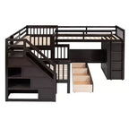 Lit superposé en L double au-dessus de complet avec armoire, escalier en bois massif et bureau portable