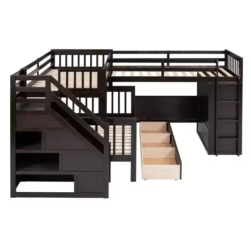 Lit superposé en L double au-dessus de complet avec armoire, escalier en bois massif et bureau portable