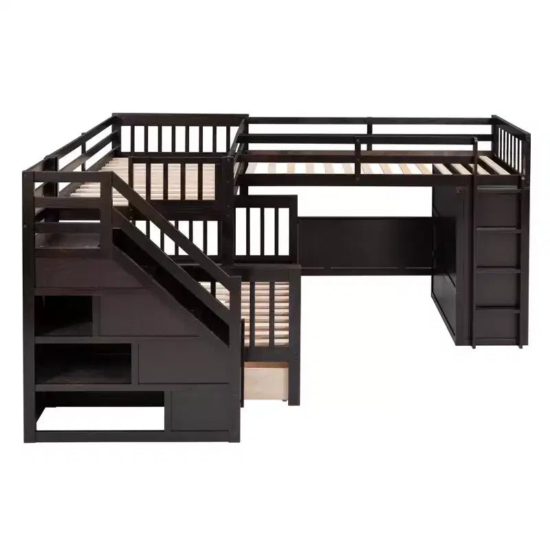 Lit superposé en L double au-dessus de complet avec armoire, escalier en bois massif et bureau portable