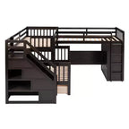 Lit superposé en L double au-dessus de complet avec armoire, escalier en bois massif et bureau portable