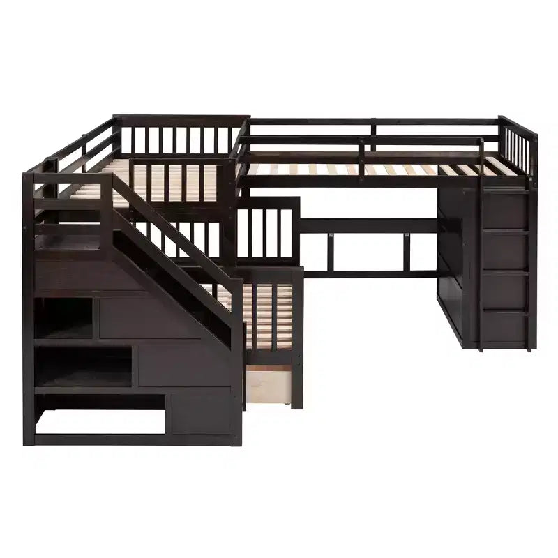 Lit superposé en L double au-dessus de complet avec armoire, escalier en bois massif et bureau portable