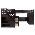 Lit superposé en L double au-dessus de complet avec armoire, escalier en bois massif et bureau portable