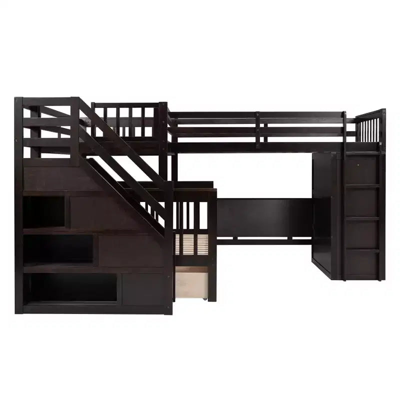 Lit superposé en L double au-dessus de complet avec armoire, escalier en bois massif et bureau portable