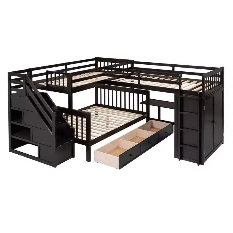 Lit superposé en L double au-dessus de complet avec armoire, escalier en bois massif et bureau portable