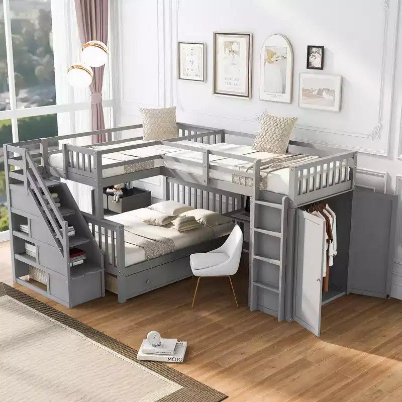 Lit superposé en L double au-dessus de complet avec armoire, escalier en bois massif et bureau portable