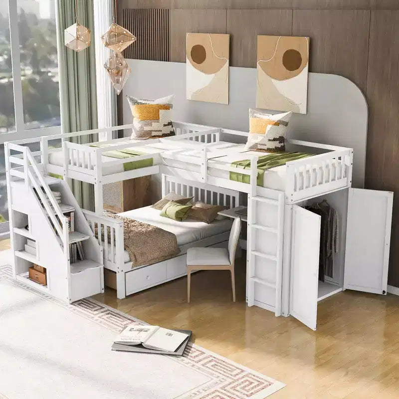 Lit superposé en L double au-dessus de complet avec armoire, escalier en bois massif et bureau portable