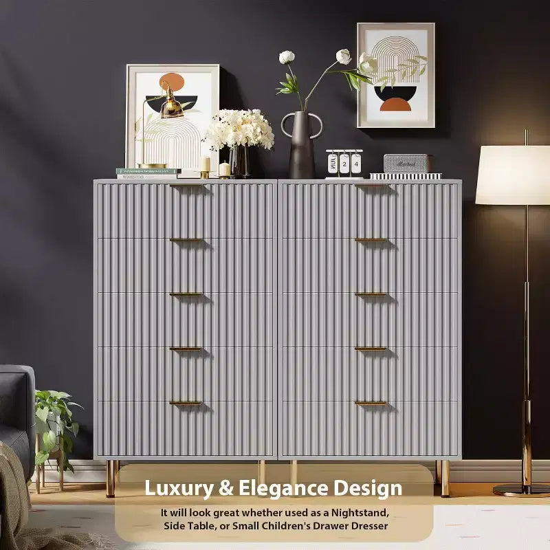 Commode à 5 tiroirs cannelée pour chambre à coucher, commode haute moderne de 122 cm avec tiroirs profonds et plateau large, pour salon, couloir, chambre d'enfant