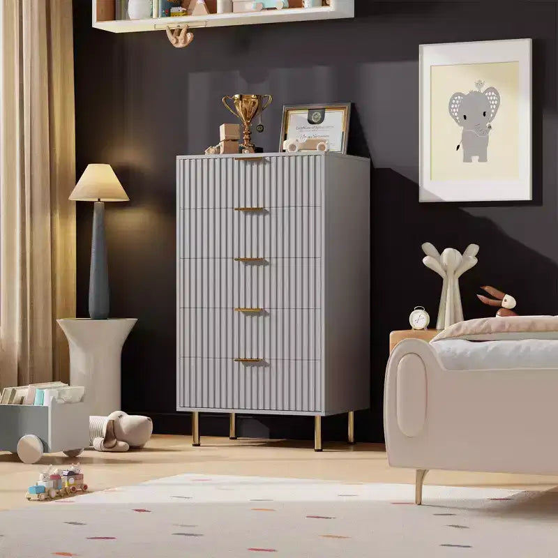 Commode à 5 tiroirs cannelée pour chambre à coucher, commode haute moderne de 122 cm avec tiroirs profonds et plateau large, pour salon, couloir, chambre d'enfant