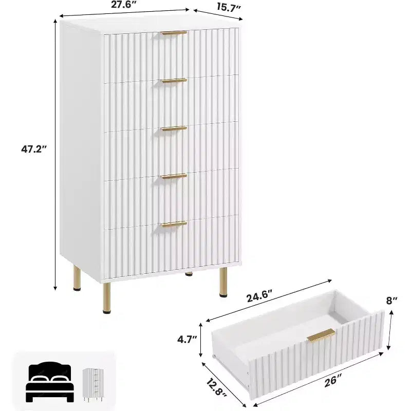 Commode à 5 tiroirs cannelée pour chambre à coucher, commode haute moderne de 122 cm avec tiroirs profonds et plateau large, pour salon, couloir, chambre d'enfant