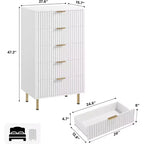 Commode à 5 tiroirs cannelée pour chambre à coucher, commode haute moderne de 122 cm avec tiroirs profonds et plateau large, pour salon, couloir, chambre d'enfant