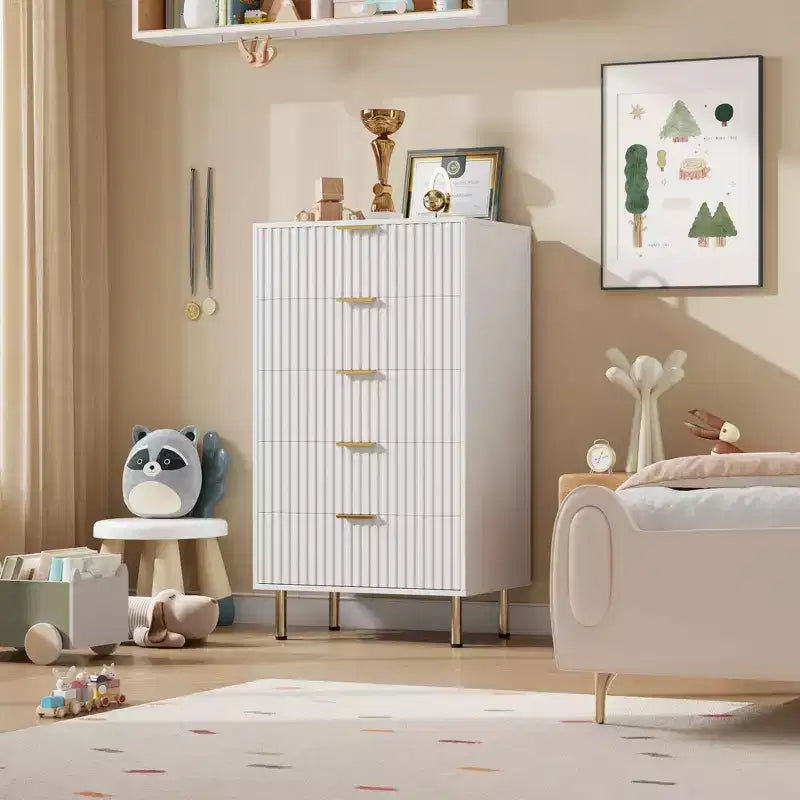 Commode à 5 tiroirs cannelée pour chambre à coucher, commode haute moderne de 122 cm avec tiroirs profonds et plateau large, pour salon, couloir, chambre d'enfant