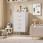 Commode à 5 tiroirs cannelée pour chambre à coucher, commode haute moderne de 122 cm avec tiroirs profonds et plateau large, pour salon, couloir, chambre d'enfant