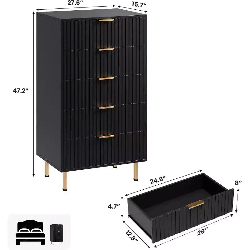 Commode à 5 tiroirs cannelée pour chambre à coucher, commode haute moderne de 122 cm avec tiroirs profonds et plateau large, pour salon, couloir, chambre d'enfant