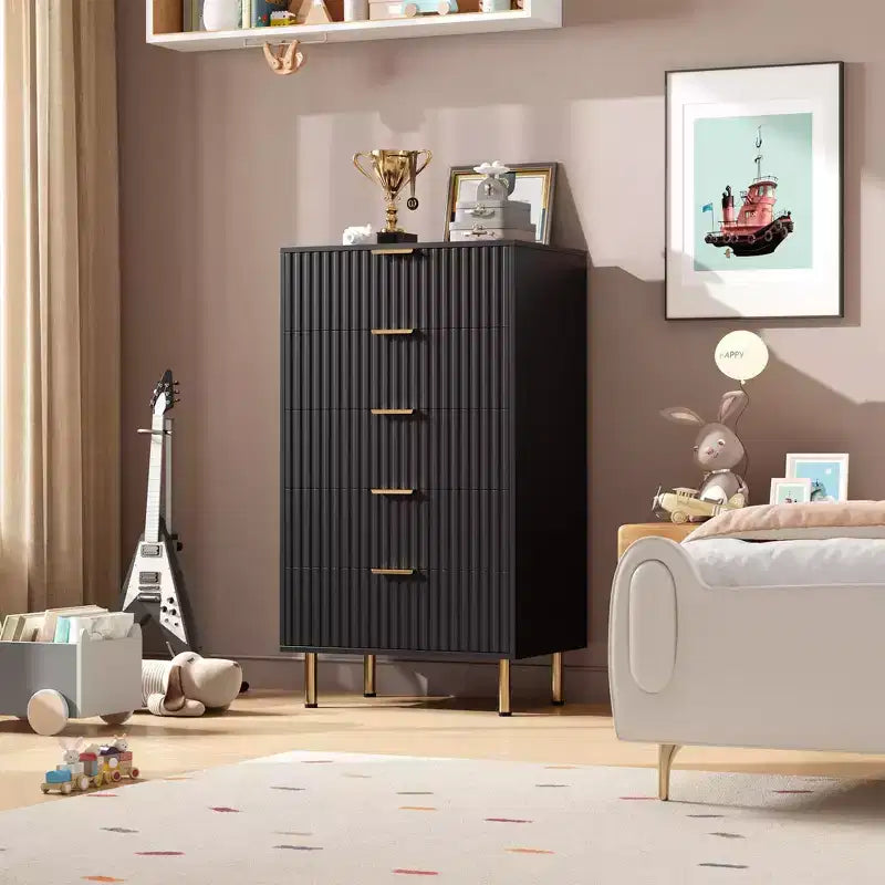 Commode à 5 tiroirs cannelée pour chambre à coucher, commode haute moderne de 122 cm avec tiroirs profonds et plateau large, pour salon, couloir, chambre d'enfant