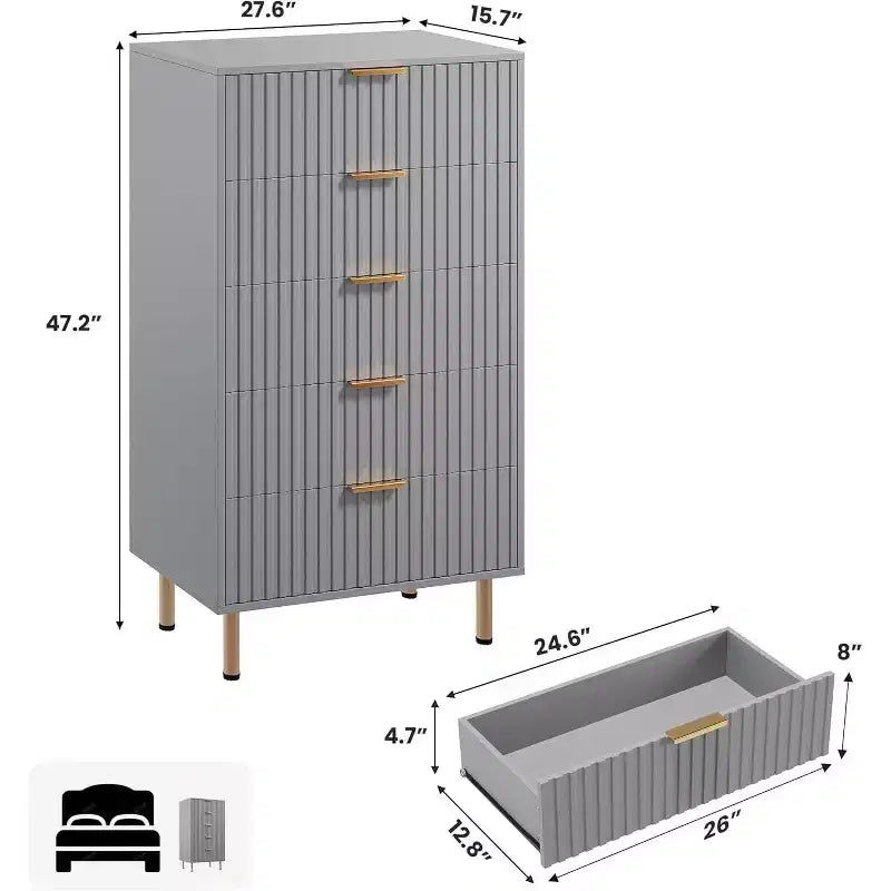 Commode à 5 tiroirs cannelée pour chambre à coucher, commode haute moderne de 122 cm avec tiroirs profonds et plateau large, pour salon, couloir, chambre d'enfant