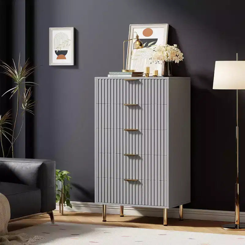 Commode à 5 tiroirs cannelée pour chambre à coucher, commode haute moderne de 122 cm avec tiroirs profonds et plateau large, pour salon, couloir, chambre d'enfant