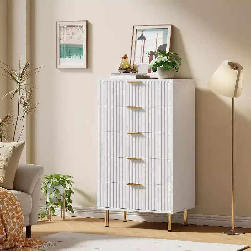 Commode à 5 tiroirs cannelée pour chambre à coucher, commode haute moderne de 122 cm avec tiroirs profonds et plateau large, pour salon, couloir, chambre d'enfant