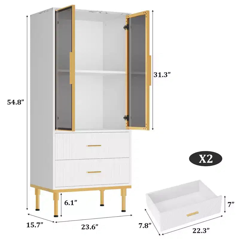 COZONY Buffet de Rangement Cannelé avec Portes Vitrées et 2 Tiroirs, Desserte Moderne avec Étagères Réglables pour Cuisine, Salle à Manger, Salon
